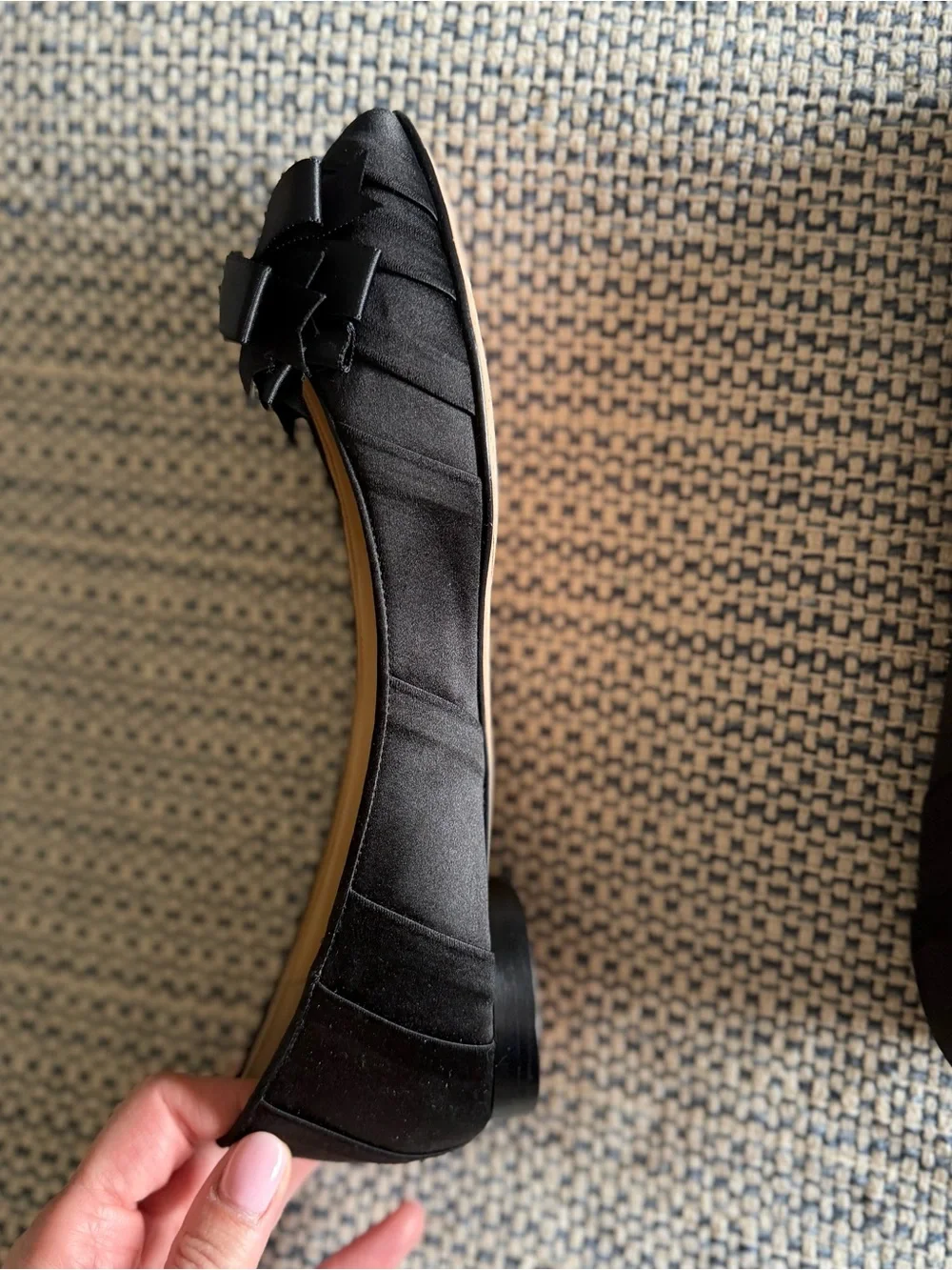 CHANEL Black Satin Peep-Toe Ballet Flats with Bow & Gold CC
